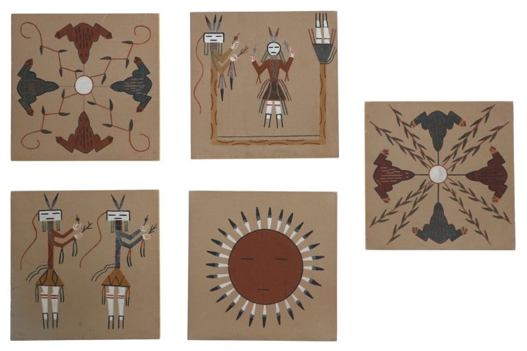 1950 Navajo Ceremonial Healing Sand Paintings (5): Featured in this lot is this Navajo ceremonial healing sand painting collection circa 1950 to 1960's. Each sand painting has a different depiction or pictorial decoration meant to instill power into a