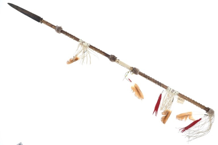 Apache Nation Brass Tacked War Lance Carl Pierce: For your consideration is this Apache Nation brass tacked wood and painted rawhide war lance made by Apache Carl Pierce in the 20th century, from the Many Trails Collection at the former Indian