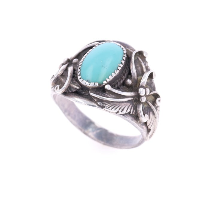 Vintage Marco Begaye (Navajo, b. 1957) Men's Ring: This is a fabulous late-vintage men?s or large ring from renowned master Navajo silversmith Marco Begaye in sterling silver with a nice Sleeping Beauty Turquoise center stone. Marco Begaye (Navajo, b.