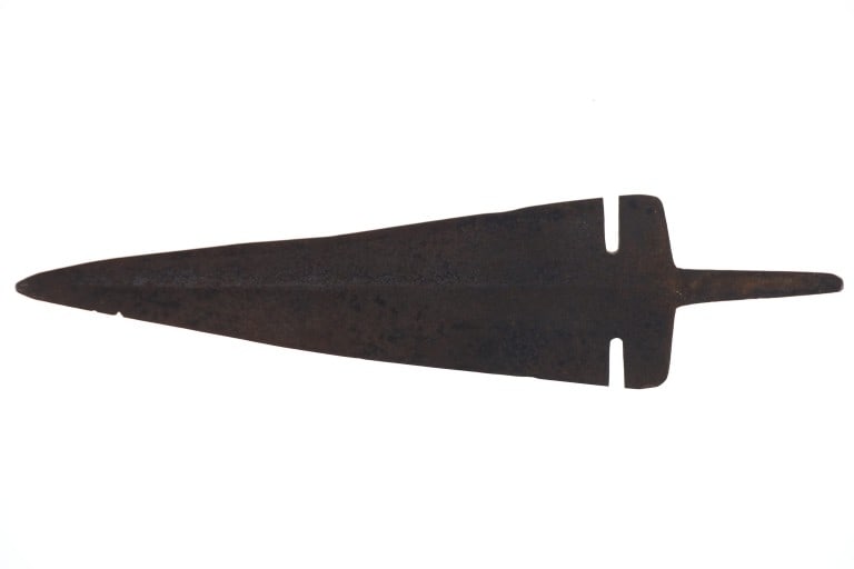 19th-Century Indian Wars Era Club or Lance Blade: The lot features a forged iron spontoon blade from a lance or war club from the Plains of the Indian Wars circa 19th-Century. The piece exhibits a double edge blade with double notch cut-out showing a
