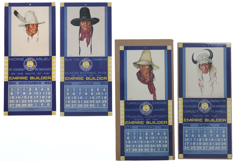 1932 Rare Great Northern Railroad Calendars (4): Featured in this lot are Original Great Northern Railroad Calendars (4) with artwork by Winold Reiss, 1930. These individual calendars are for the months of March, April, June and November. The March