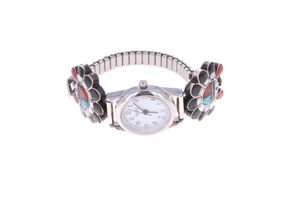 Zuni Morris & Sadie Laate Sunface Inlay Watch Band: For your consideration is this Zuni Morris & Sadie Laahte Sunface Multi-Stone Inlay Watch Band, circa 1960s to 1980s. The watchband features a wonderfully and professionally crafted sterling silver