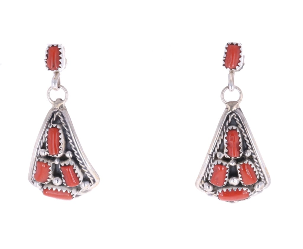 Navajo M. Chee Sterling Branch Coral Earrings (1 of 4)