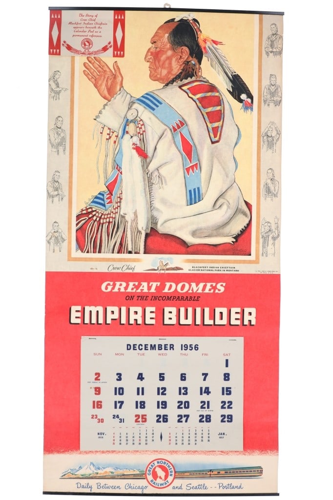 Winold Reiss Empire Builder GNRR Calendar 1956: Featured in this lot is this Great Northern Railroad, Winold Reiss (1886-1953) "Empire Builder" full calendar from 1956. The calendar features the artwork of Winold Reiss, who is well known for his