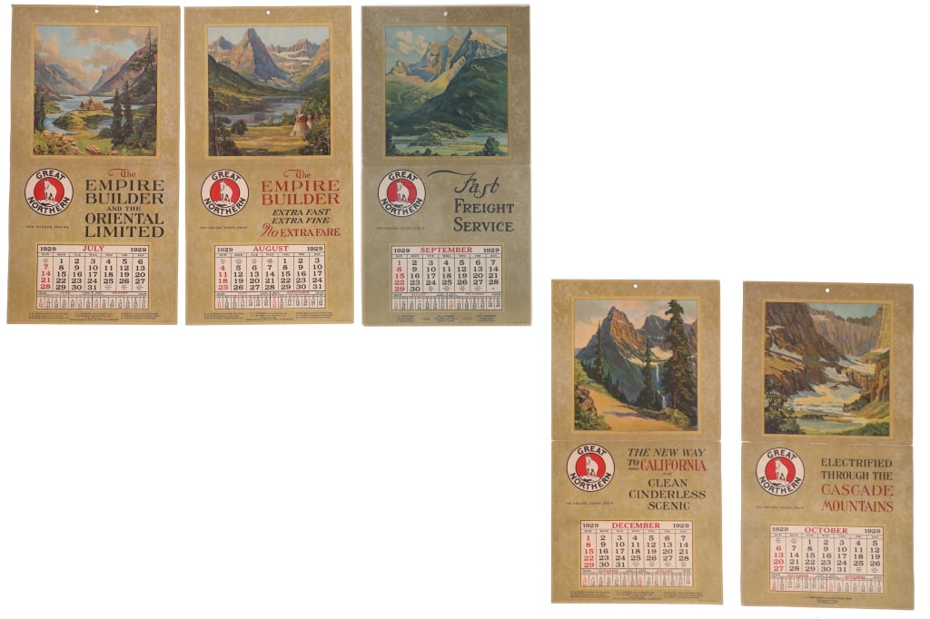 GNRR & Adolph Heinze Single Calendars 1929 (4): For your consideration are five single, Great Northern Railway calendars featuring art from Adolph Heinze from 1929. Adolph Heinze (1887 ? 1958) was born in Chicago, Illinois on February 5, 1887. He