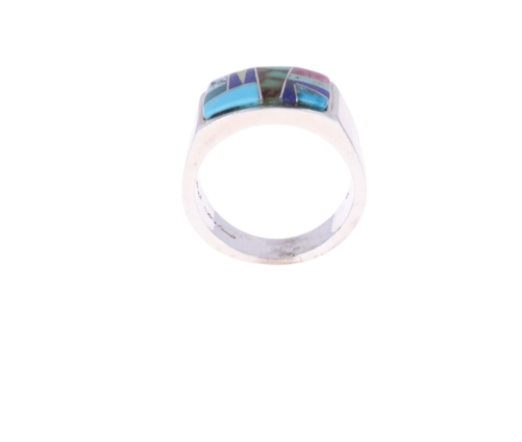 Navajo Eddie Secatero Fine Inlay Ring Late-Vintage: For your consideration is this late-vintage Navajo, sterling & multi-stone inlay ring made by Navajo artist, Eddie Secatero. This ring features a sterling construction and shows various stones inlaid