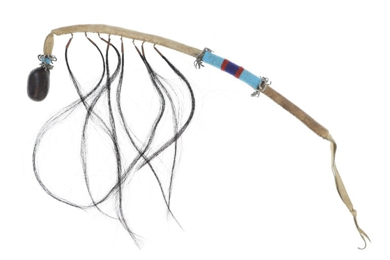 Northern Plains Floppy Head Skull Cracker 20th C.: For your consideration is this Northern Plains beaded floppy head skull cracker war club circa mid-to-late 20th century. The piece shows a brain-tanned hide over wood handle and shows a floppy head wr