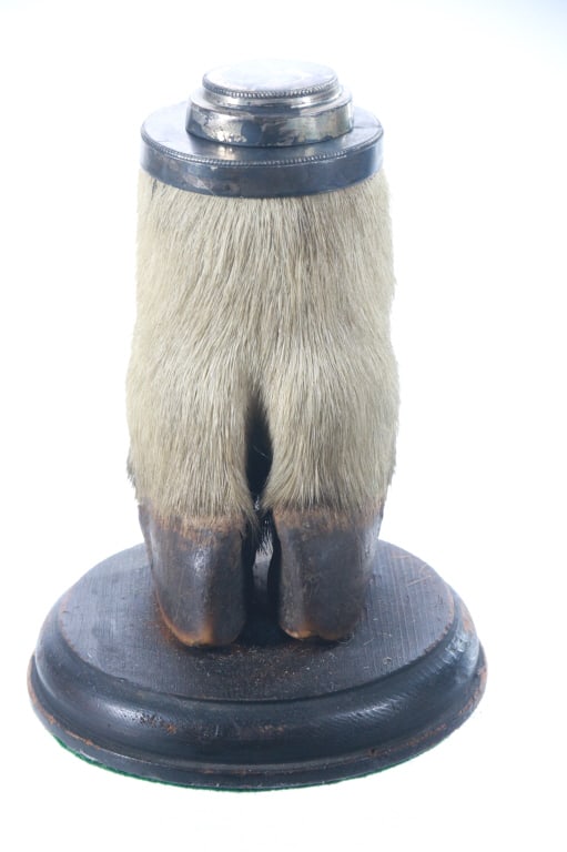 Victorian Style Goat Hoof Inkwell Early 1900s: Featured in this lot is this early 1900s, Victorian style goat hoof inkwell. The inkwell section appears to be sterling and is non-magnetic, but is not stamped with a sterling mark. The inkwell is ins