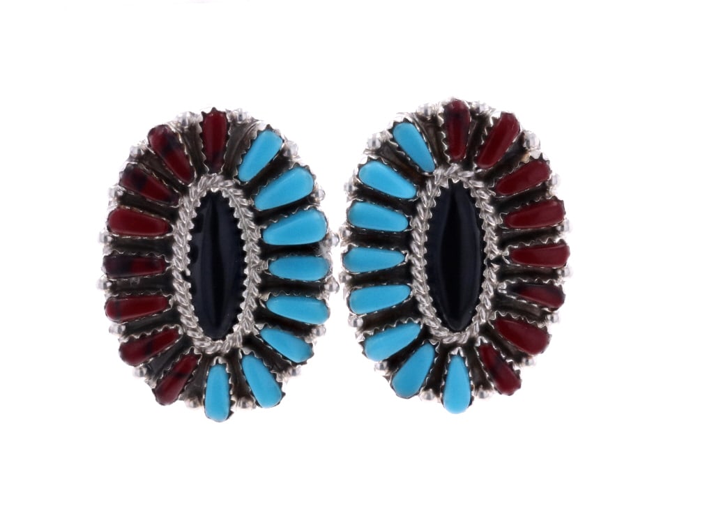 Navajo Sterling Turquoise Coral & Jet Earrings (1 of 6)