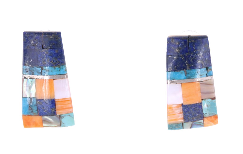 Santo Domingo Pueblo Rosetta Inlaid Dangle Earring: For your consideration are these inlaid, mosaic dangle earrings from Santo Domingo Pueblo artist Ray Rosetta. The earrings feature a wonderfully and professionally crafted multi stone inlay constructi