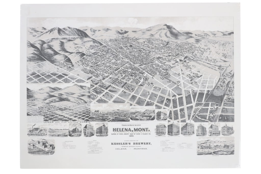 Perspective Map City Of Helena, MT Dated 1890: For your consideration is this birds eye view perspective map of the City of Helena, Montana dated 1890, compliments of Kessler's Brewery, Nicholas Kessler Proprietor in Helena, Montana. This map is
