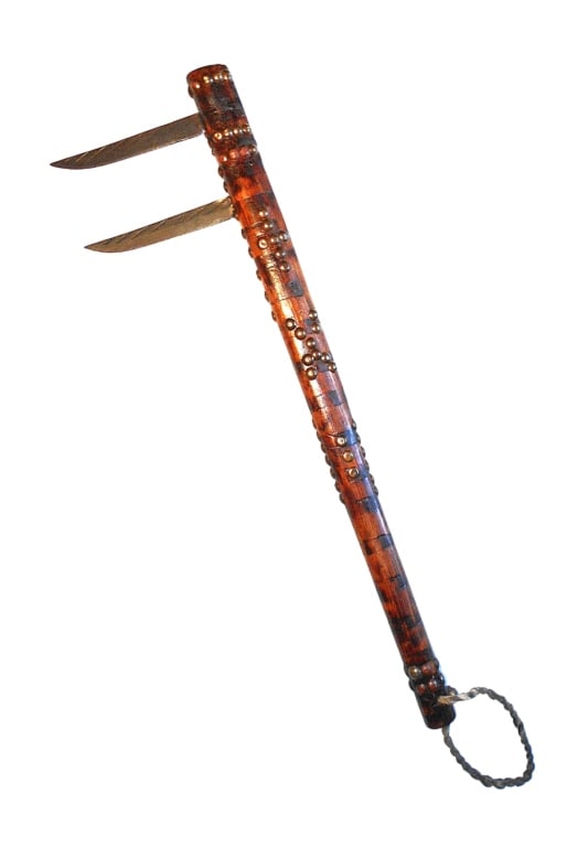Yankton Sioux Double Blade Club - Reservation Era: The lot features an interesting Indian Reservation era Yankton Sioux double blade dance club dating to circa 1940-1950?s. The club shows a classic Yankton Eastern Sioux pattern of war club with a guns