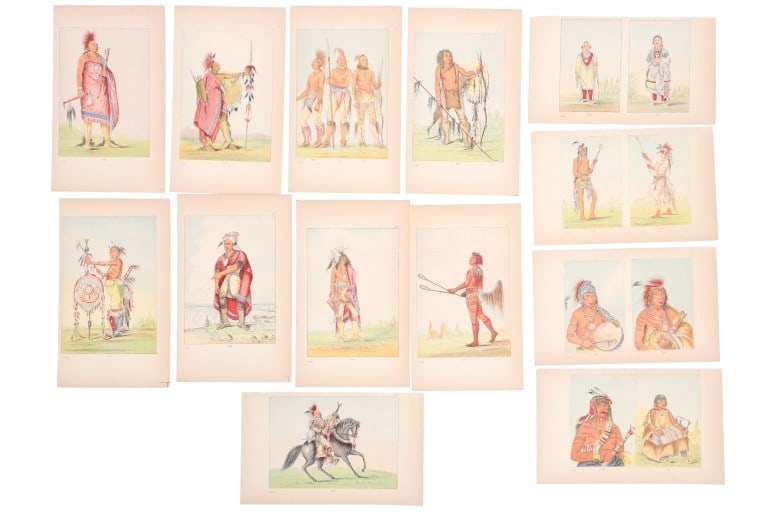 Hand Tinted George Catlin Native Etchings (13): For your consideration are thirteen, 19th-Century, hand tinted George Catlin (1796-1872) etchings of Native American pictorial drawings and illustration plates, from "Illustrations of the Manners, Cus