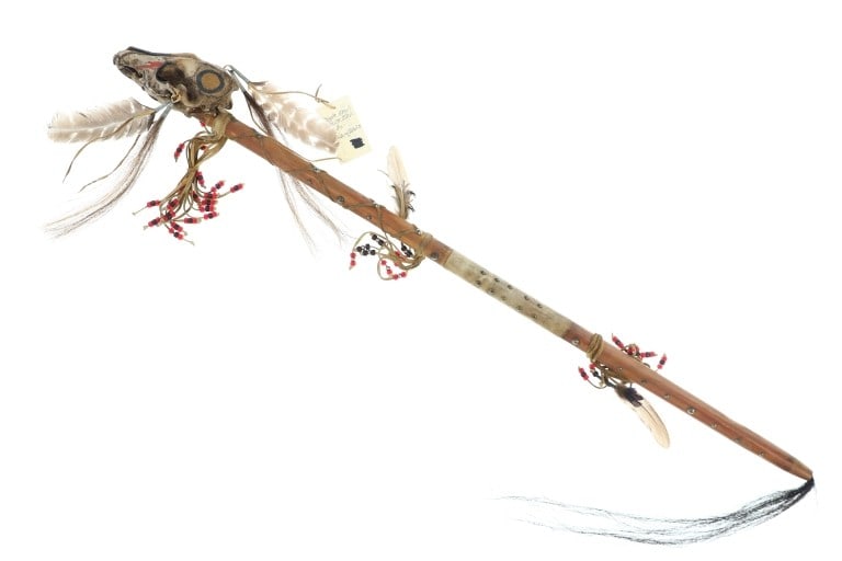 Leonard & Laurie Many Trails Coyote Dancing Stick: Featured in this lot is this Leonard and Laurie Many Trails coyote dancing stick circa 20th century. Provenance: From The Many Trails Collection out of the Indian Nation Trading Post in Livingstone, M