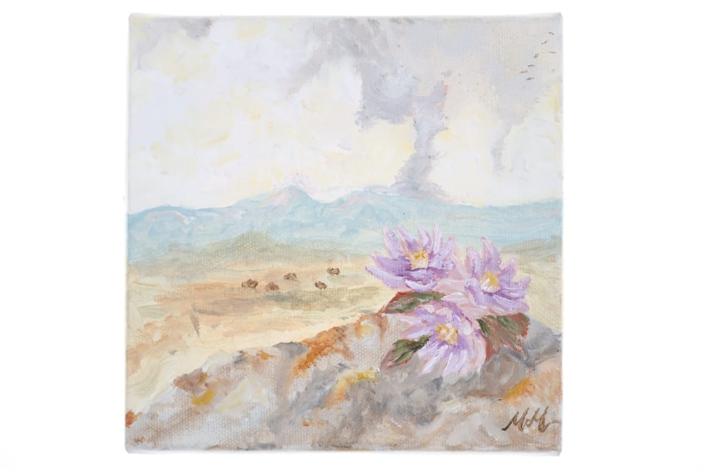 Bison Under the Bitterroots Oil -Melanie Markovich: The lot features an original oil on canvas painting titled, ?Bison Under The Bitterroot? showing Buffalo on the plains under the Bitterroot Mountains of Montana with a Bitterroot plant in the