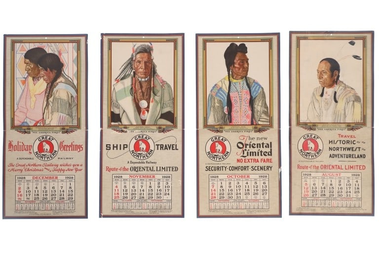 Rare Great Northern Railroad Calendars 1928: Featured in this lot are Rare Original Great Northern Railroad Calendars (4) with artwork by Winold Reiss, 1928. These individual calendars are for the months of August, October, November and