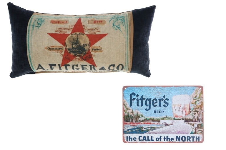 Fitger's Brewing Advertising Pillow and Metal Sign: Included in this lot are A. Fitger's & Company Brewers Advertising Pillow and Sign. The decorative pillow from Fitger's Inn features the polychrome image of Fitger's "A. Fitger & CO Brewers Duluth, Mi