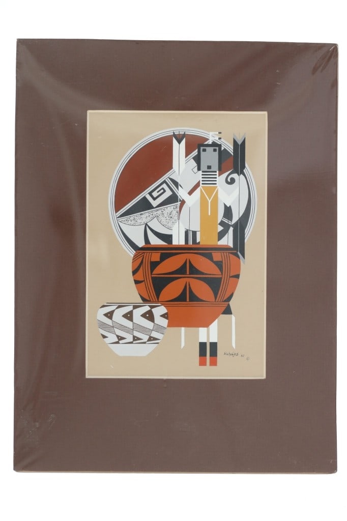 Nicholas Rosato (1923-2014) Pottery Painting 1980: Featured in this lot is this Nicholas A. Rosato (1923-2014) painting of Native American Navajo pottery, done in 1980s. This painting shows stylized, Native American painted Navajo pottery with a