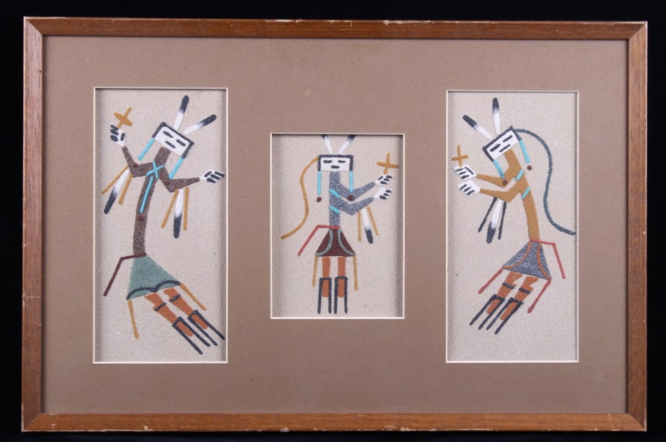 Vintage Navajo Sand Paintings by C. Checharella: This is a fantastic set of three original, vintage Navajo Indian Yei sand paintings by C. Checharella, marked on the back. Sand art is a traditional art style used by the Navajo, Hopi, Zuni, and