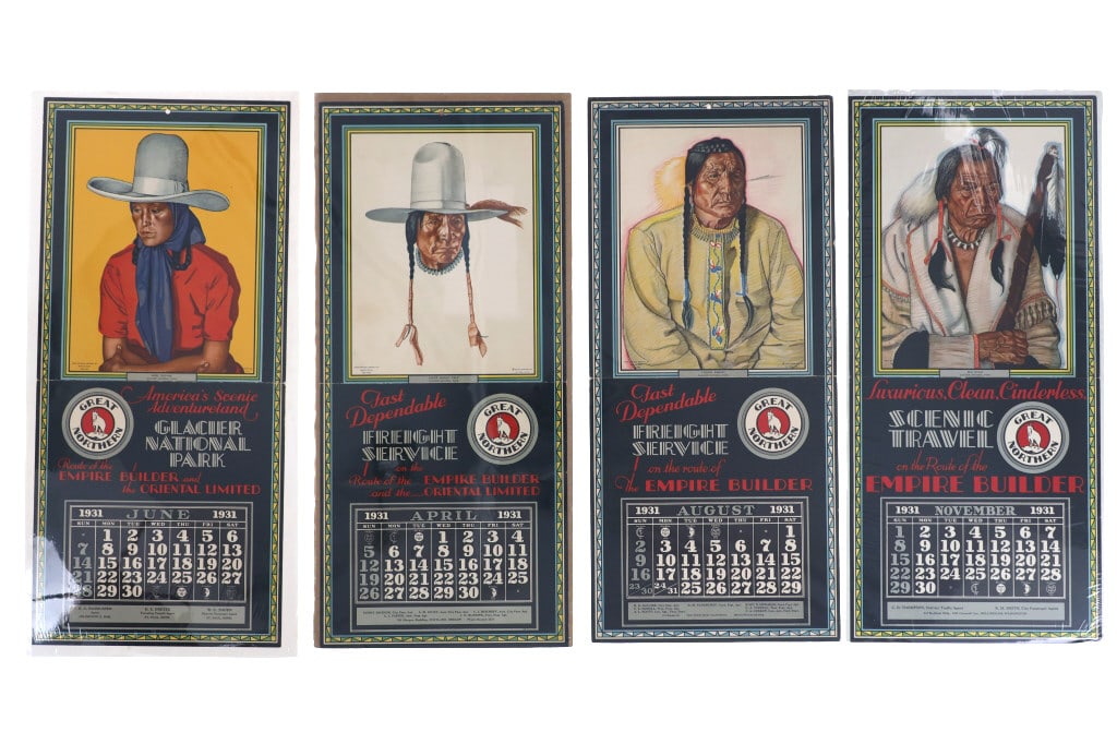 c.1931 Winold Riess (1886-1953) Great Northern (4): The lot features four original Winold Reiss (1886-1953) Blackfeet Montana artwork from the Great Northern Railway Empire Builder calendars from 1931 showing Tough Bread and Big Wolf Blackfeet Indian B