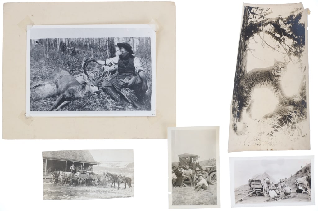 Colorado Big Game Hunting Original Photos (5): Featured in this lot are five, big game hunting and hunting party photos from Colorado in the Late 19th / Early 20th century. The first and smallest photo shows a group setting up camp as they pull
