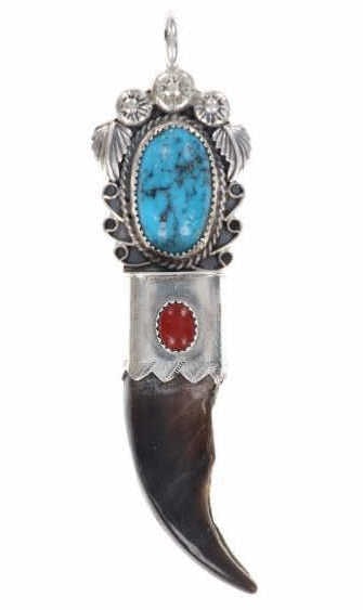 Navajo Brown Bear & Kingman Pendant - Signed: The lot features a fantastic Alaskan Brown Bear Claw sterling silver necklace pendant by Navajo silversmith Kenny Ray McNeilley Jr. and set with Morenci Turquoise and Oxblood Coral. The piece shows a 