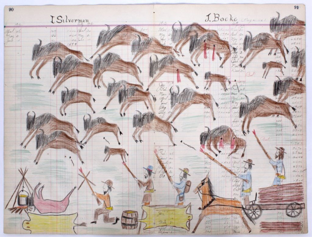 Sioux Buffalo Ledger Drawing 1912-1930's: This is a original work of art done by the Sioux Native American's showing two sides of pictorial primitive drawings. Both of the two sides feature a flowing story with one side showing 'White Man' So