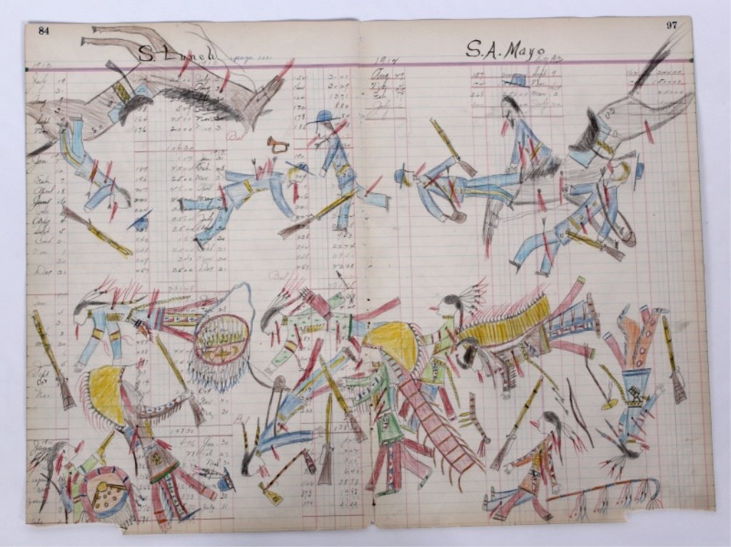 Sioux Indian War Ledger Drawing 1912-1930's: This is an original work of art done by the Sioux Native American's showing two sides of pictorial primitive drawings. Both of the two sides feature a unique story with one side showing a Party of Sio