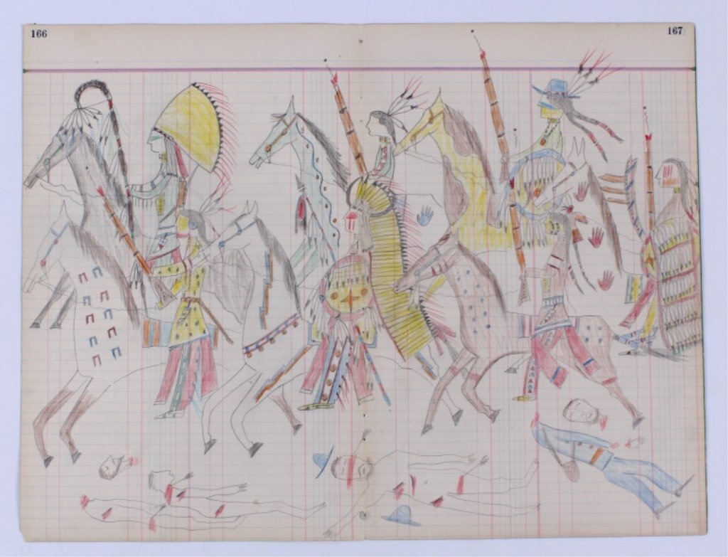 Sioux Indian War Ledger Drawing 1912-1930's: This is an original work of art done by the Sioux Native American's showing two sides of pictorial primitive drawings. Both of the two sides feature a unique story with one side showing a Sioux War Pa