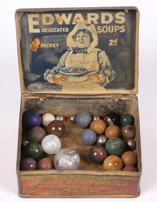 Antique Collection of Marbles in Edwards Tin