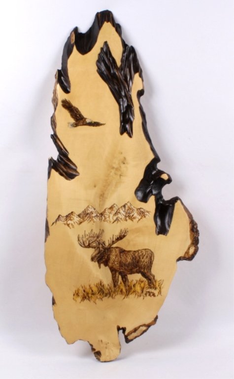 Moose & Eagle by Roy Wayne Waddoups: The piece is an original handmade work of art done by R. W. Waddoups. This is a solid piece of wood with a nature scene of a large Moose with a Great American Bald Eagle in flight over top. Roy cuts t