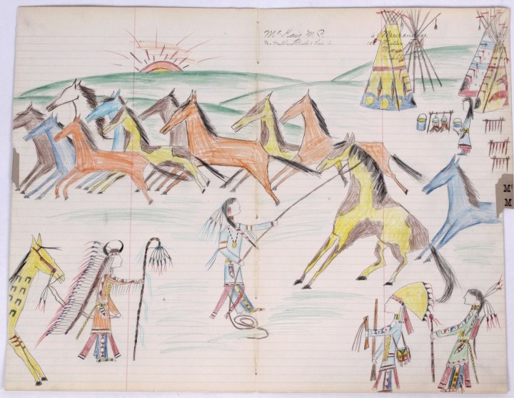 Sioux Indian Horses Ledger Drawing 1912-1930's: This is an original work of art done by the Sioux Native American's showing one side with pictorial primitive drawings. The main side shows a Sioux Brave trying to tame a wild horse next to a herd of