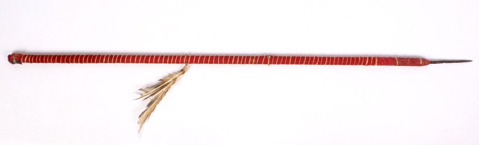 Crow Warrior Marker: This is hand made by the Crow Native Americans and is entirely covered in old 1800's trade cloth wrapped in sinew rawhide. This has a hand forged metal spike and also old trade blanket fabric. This pi