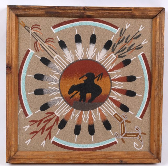 Sun & Eagle Sacred Plants Sand Painting: This is a hand made work of art showing wonderful raised details done on a board and framed. The back reads, "Sun & Eagle with sacred plants and the end of trail. By A.M.H. Po Box 730 Cuba N.M. 87013"