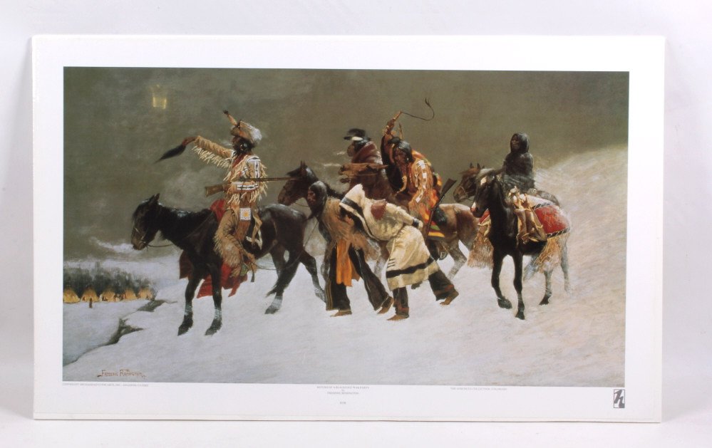 "Blackfoot War Party" by Frederic Remington: This is print done that reads "Copyright 1985 Haddad's Fine Arts, Inc., Anaheim, Ca. 92803. The Anschaut Collection Co., this is on foam board and has been shrink wrapped. This piece measures 20.5" x 