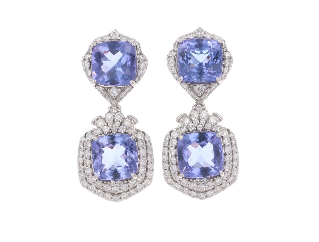Kristian Olson Denmark Designer Tanzanite Earrings: The lot features a set of designer earrings from Kristian Olson of Copenhagen, Denmark showing platinum set with 9.57 carats Tanzanite and 1.48 carats Diamond earrings with GGA paperwork. The set are 