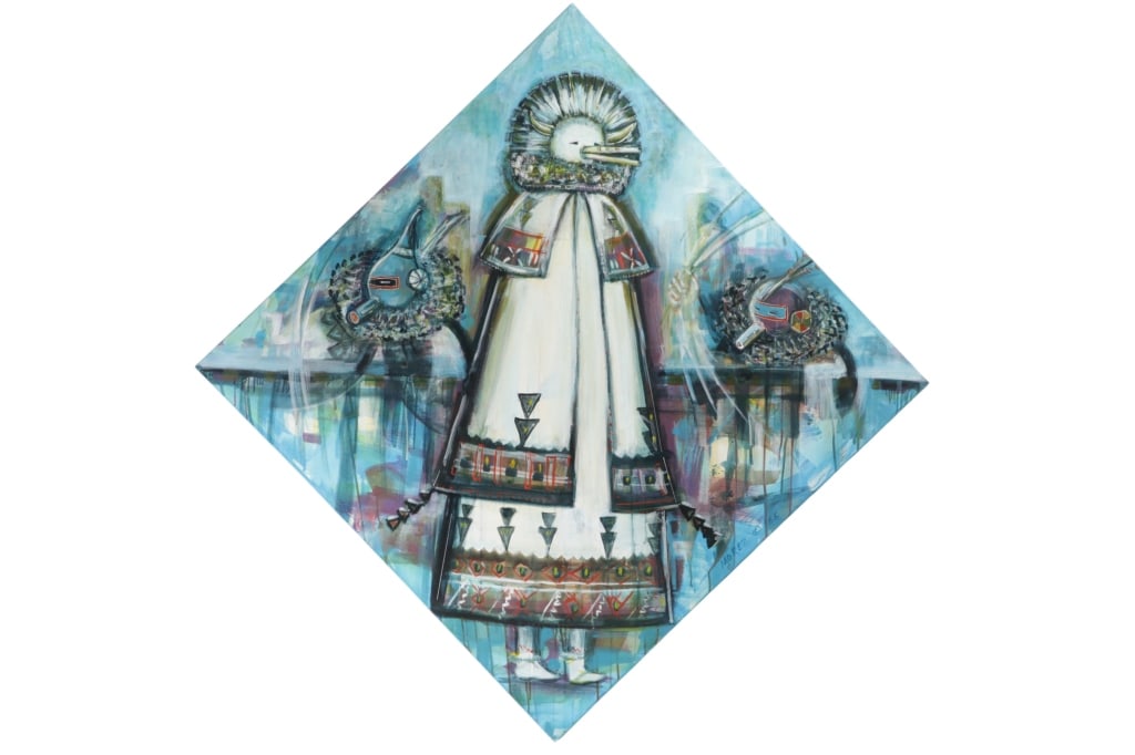 Navajo Mary Morez (1946-2004) Kachina Painting: This is the largest example of artwork by Navajo artist Mary Morez (1946-2004) and is titled ?Kachina Dancers? circa 1988 measuring as is seen in the lead photo?d 68-inches by 68-inches. The painting 