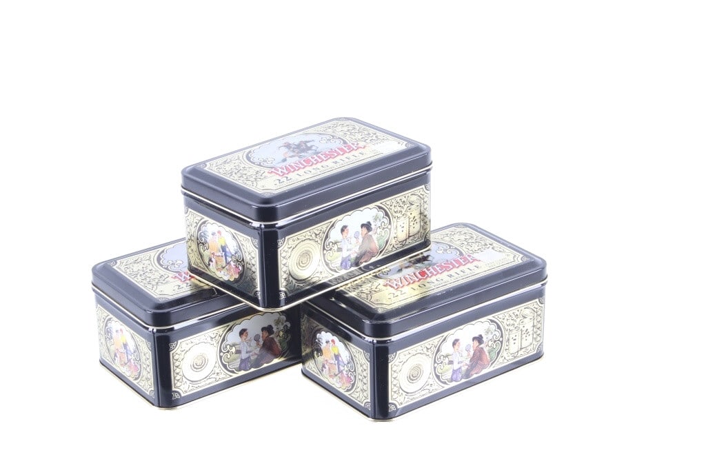 Winchester 1993 .22 LR Ltd. Ed. Rimfire Tin (3): Presented in this lot is a vintage Winchester 1993 .22 Long Rifle Tin, (3). This is a highly popular limited-edition collectible ammunition container produced by Olin Winchester. Originally distribute
