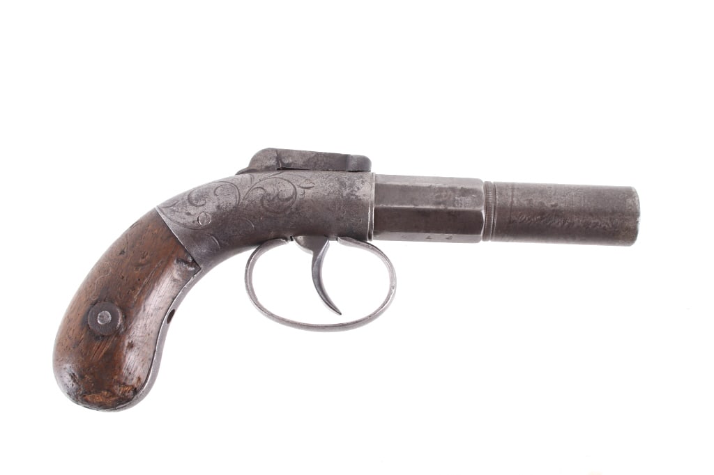 1830's Allen & Thurber Factory Engraved .36 Pistol: Allen & Thurber marked factory engraved bar hammer, double action .36 caliber percussion pocket pistol made in the late 1830s-1850s. This single shot derringer-type pistol was made by the same company