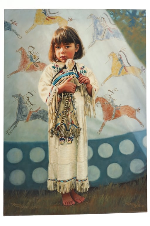 20th C. Karen Noles "Little Bare Feet" Giclee: Featured in this lot is this Giclee painting called "Little Bare Feet" by Montana artist Karen Noles circa 20th century. The painting features a wonderfully anbd professionally crafted Giclee on stret