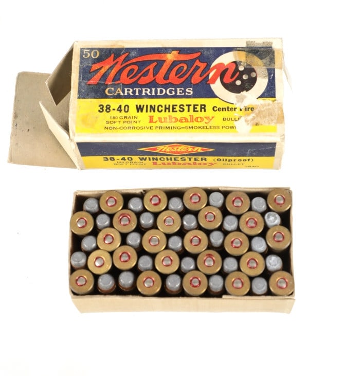 Western 38-40 Winchester Lubaloy Cartridges: Featured in this lot is this Western 38-40 Winchester Lubaloy cartridges (50). The box of cartridges presents the correct ammunition and the correct number of rounds in the box and is marked on the