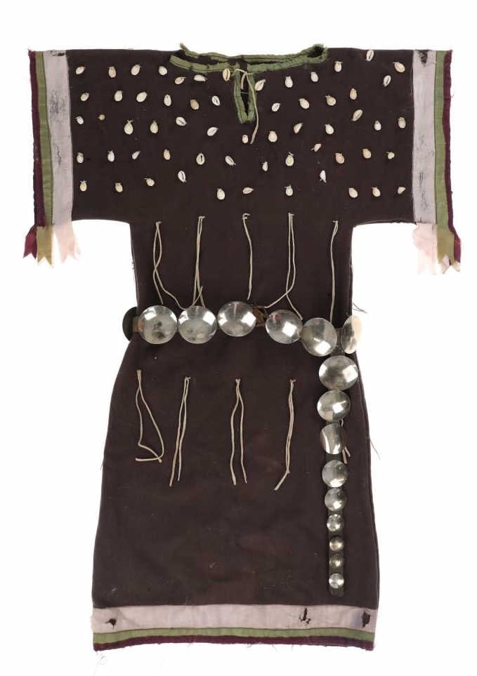 19th-C. Plains Cowrie Shell Dress w/ Concho Belt: This is a fabulous 19th-Century Plains Old Trade Clothe Cowrie Shell Wampum Beaded Dress with Concho Belt with Drop from a private Montana Museum collection. The 1800?s dress exhibits old dark blue wo