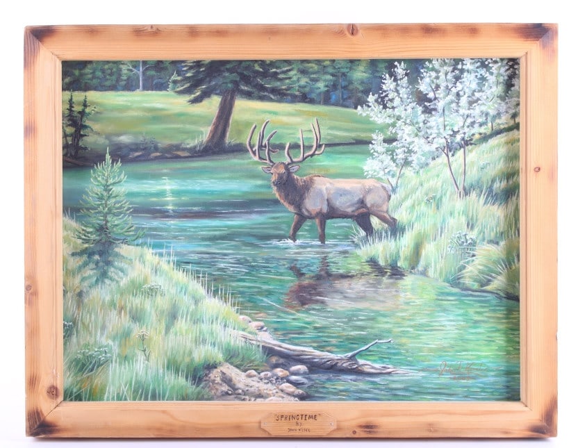 Signed John Kosel "Springtime" Oil on Canvas, 2005: For your consideration is an Original Signed John Kosel Oil on Canvas "Springtime", 2005. This beautiful painting displays a large Bull Elk wading into a wooded stream, his image reflected in the wate