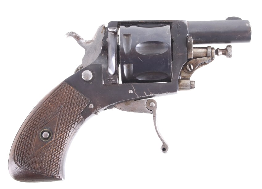 Belgian Liege Proof .32 Folding Trigger Revolver: Featured in this lot we have a Belgian liege proofed double action folding trigger revolver chambered in .32 caliber. The right sided of the frame shows Belgian liege proof marks. The revolver display