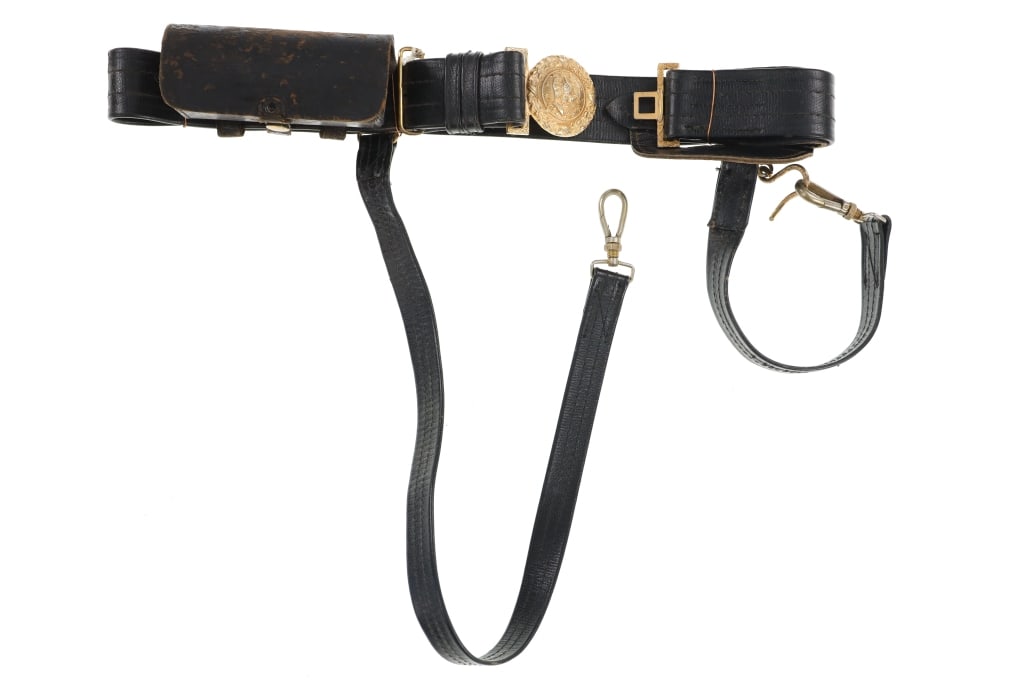 CIVIL WAR Era USN Officers Dress Sword Belt: Featured in this lot is this Civil War era USN officers dress sword belt. Provenance: From Garth's Civil War Museum (See Tag). The belt features a black leather construction with brass belt buckle and
