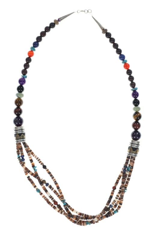 Navajo Tommy Singer 12K & Sterling Necklace RARE: Featured in this lot is this Navajo Tommy and Rose Singer sterling silver multistone necklace. The necklace features a wonderfully and professionally crafted sterling silver with 12k GF with multistra