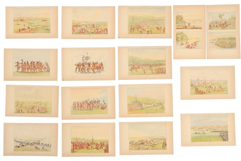 Hand Tinted George Catlin Native Etchings (16): For your consideration are sixteen, 19th-Century, hand tinted George Catlin (1796-1872) etchings of Native American pictorial drawings and illustration plates, from "Illustrations of the Manners, Cust