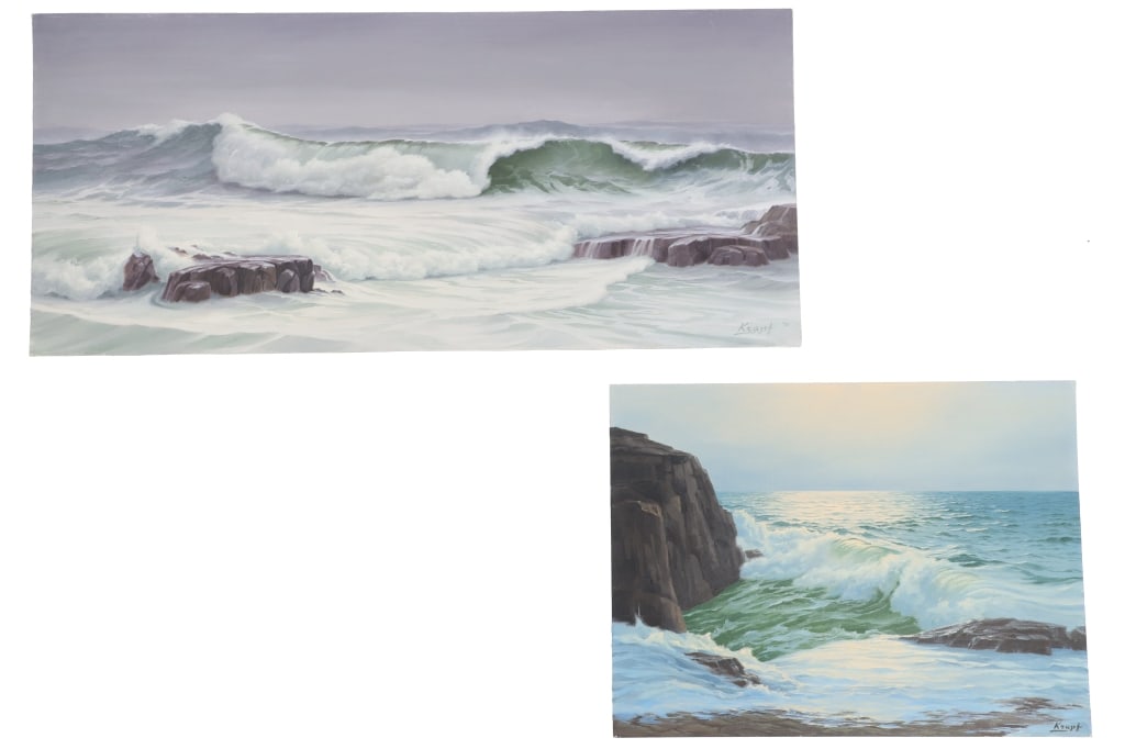 Original Signed Paul Krapf Oil On Board Seascapes: For your consideration are two, original oil on boards seascapes done by Montana artist Paul Krapf in the late 1960s to 1980s. Paul Krapf (1927-2019) was a wildlife and landscape artist from Gardiner,