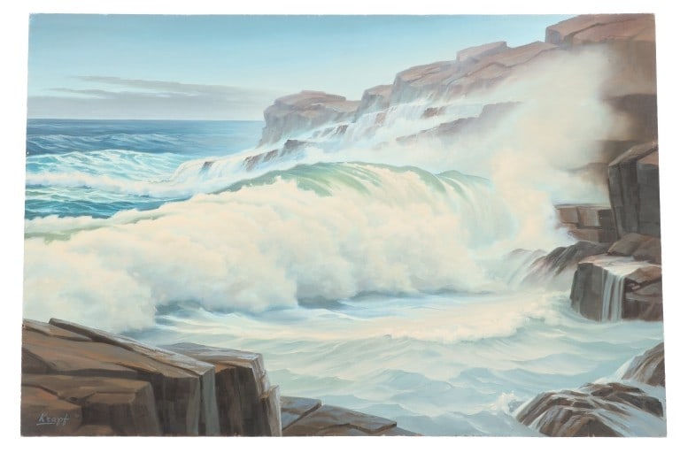 Paul Krapf Oregons Devil's Churn Oil On Board 1970: For your consideration is this original, oil on board Northern Pacific seascape of Devil's Churn in Oregon, done by Montana artist Paul Krapf in 1970. Paul Krapf (1927-2019) was a wildlife and landsca
