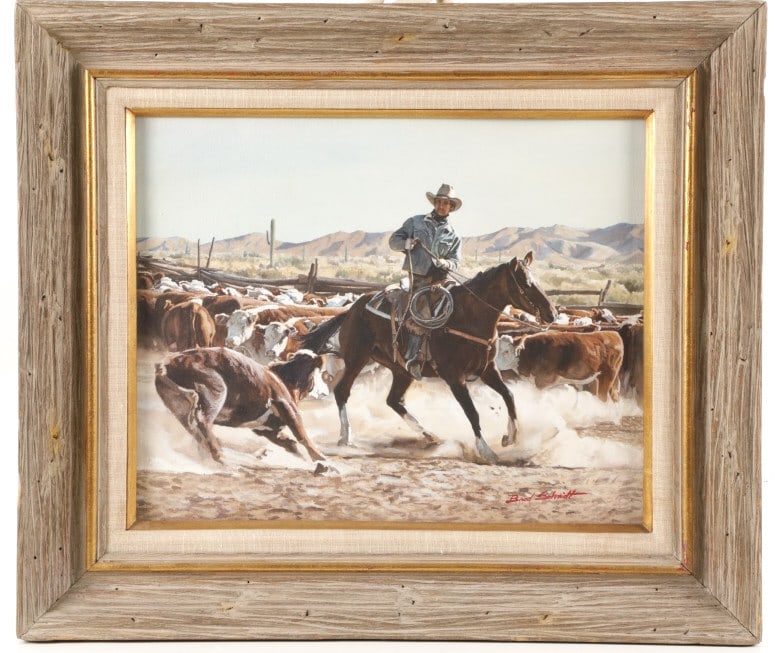 Signed Brad Schmidt "Branding Time" Watercolour: Presented in this lot is an Original Signed Brad Schmidt "Branding Time", Watercolour. The Southwest scene depicts a mounted cowboy in a corral of cattle separated from a lone calf. In the background 